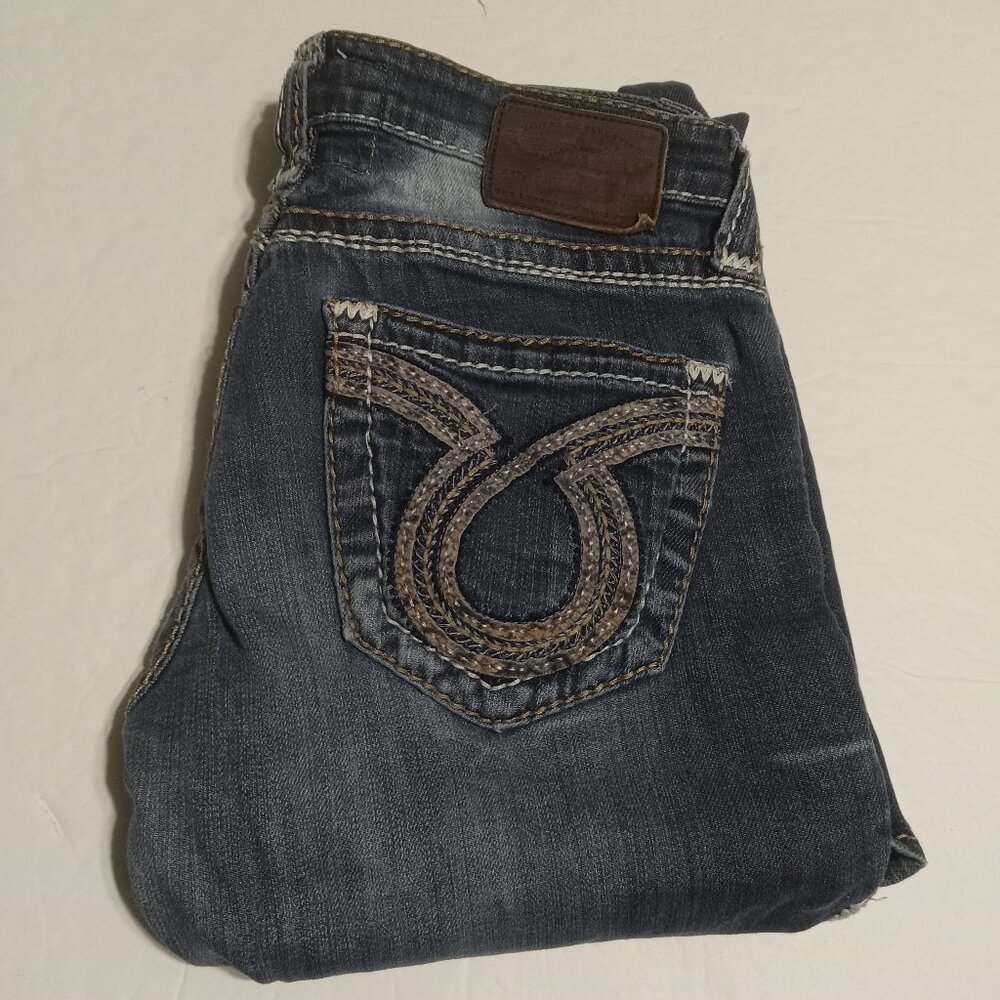 Big Star Women’s Boot Cut Jeans in Dark Blue with Brown Patch